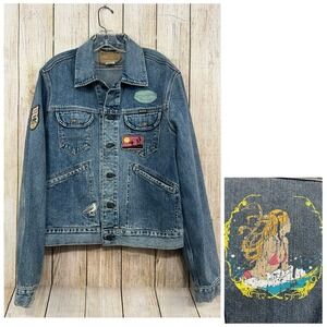 Vtg Y2K Hollister Graphic Denim Jacket L Patches Surfer Trucker Grunge Coastal